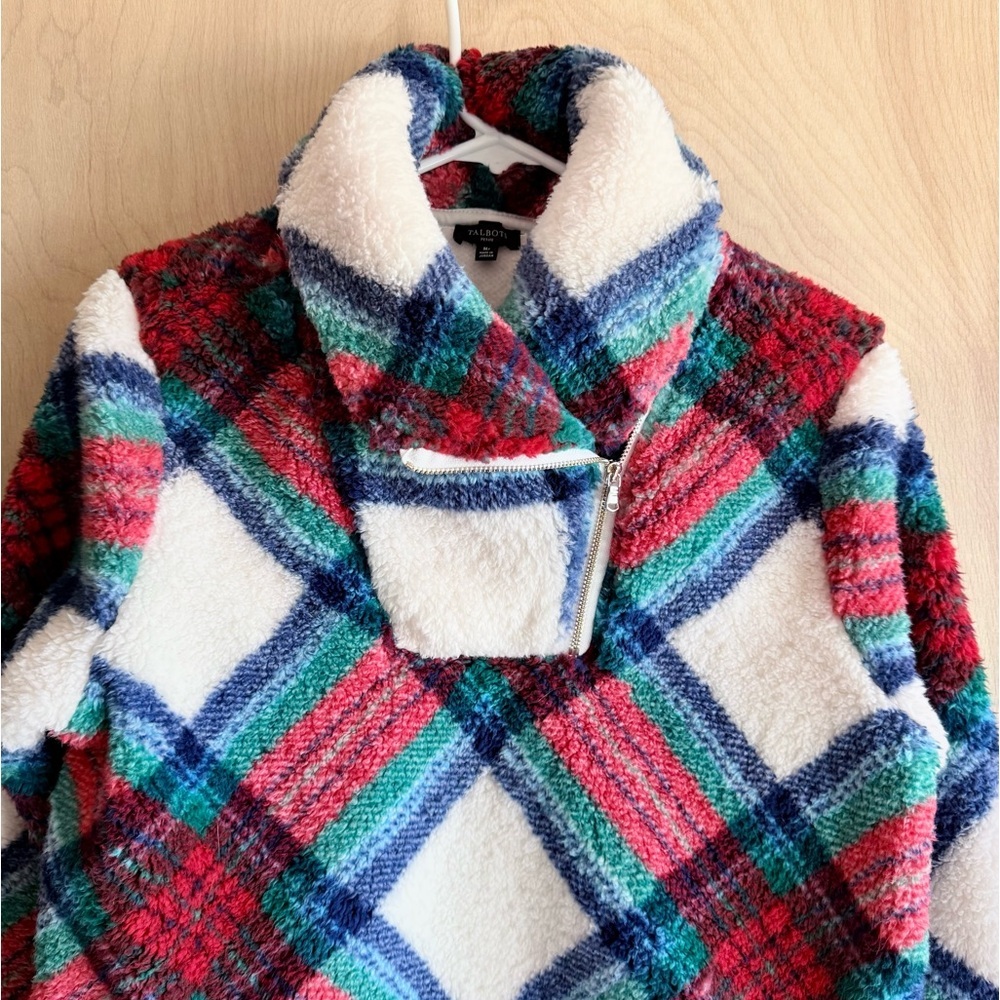 Talbots Ultra Plush Sherpa Fleece Top Zip Blue Green Plaid Women’s Med Petite - Picture 4 of 11